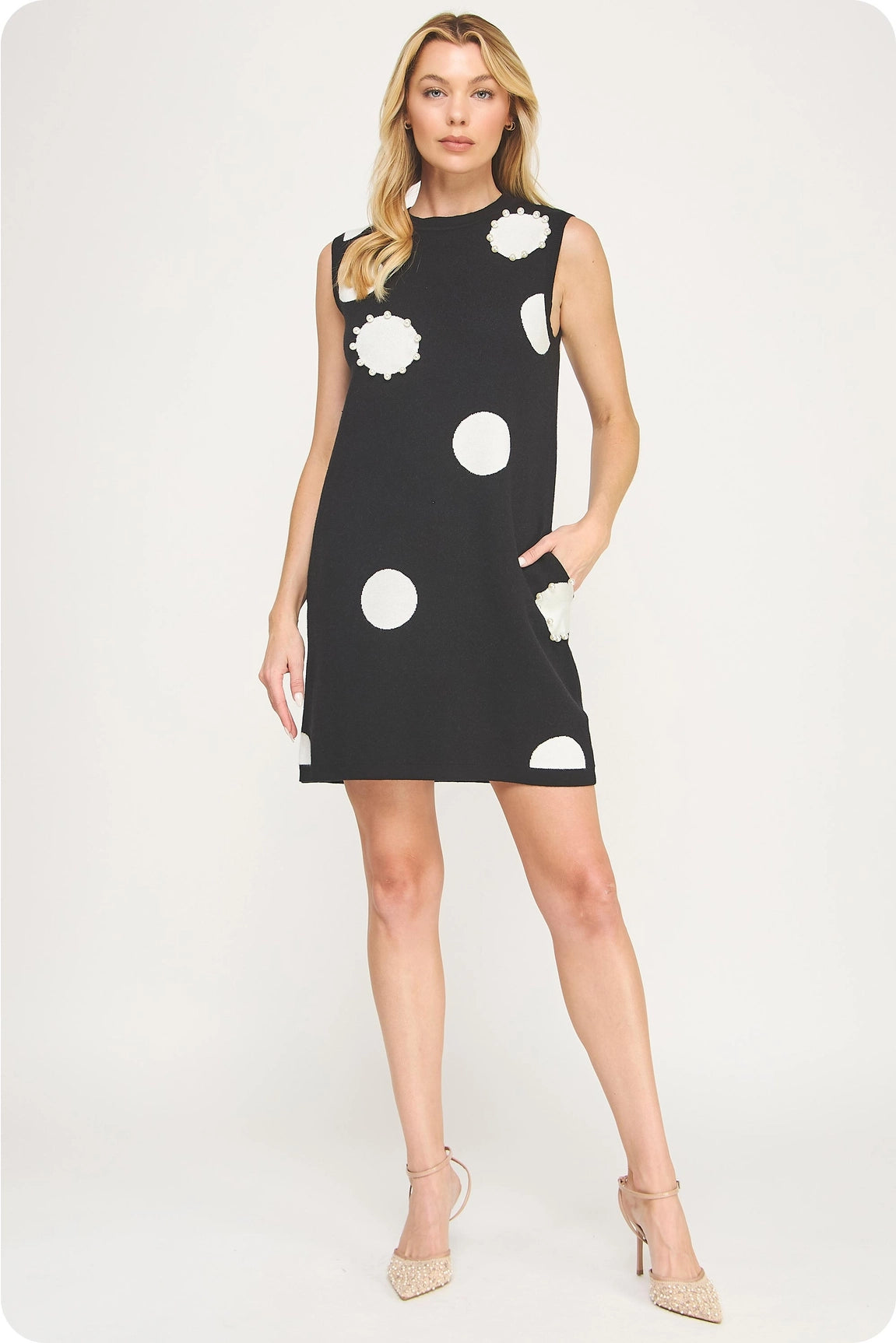 Pearl Trim Polka Dot Knit Dress