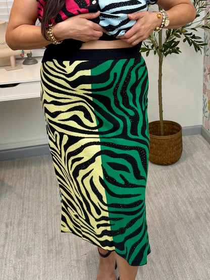 Queen of Sparkles Colorblock Tiger Knit Midi Skirt