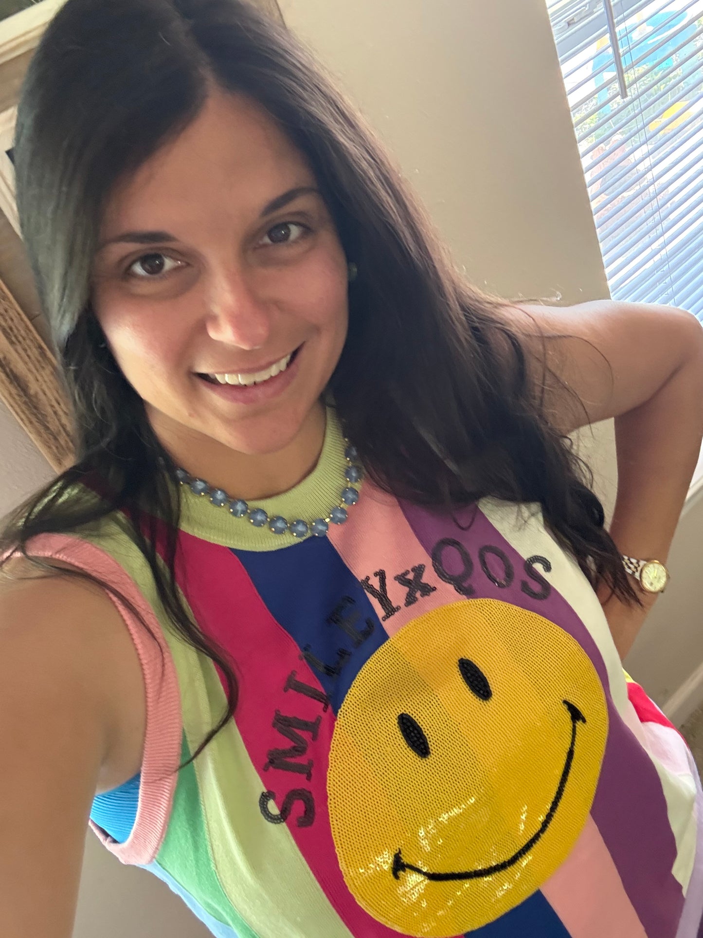 Queen of Sparkles Licensed Rainbow Striped Qos Smiley Sweater Tank