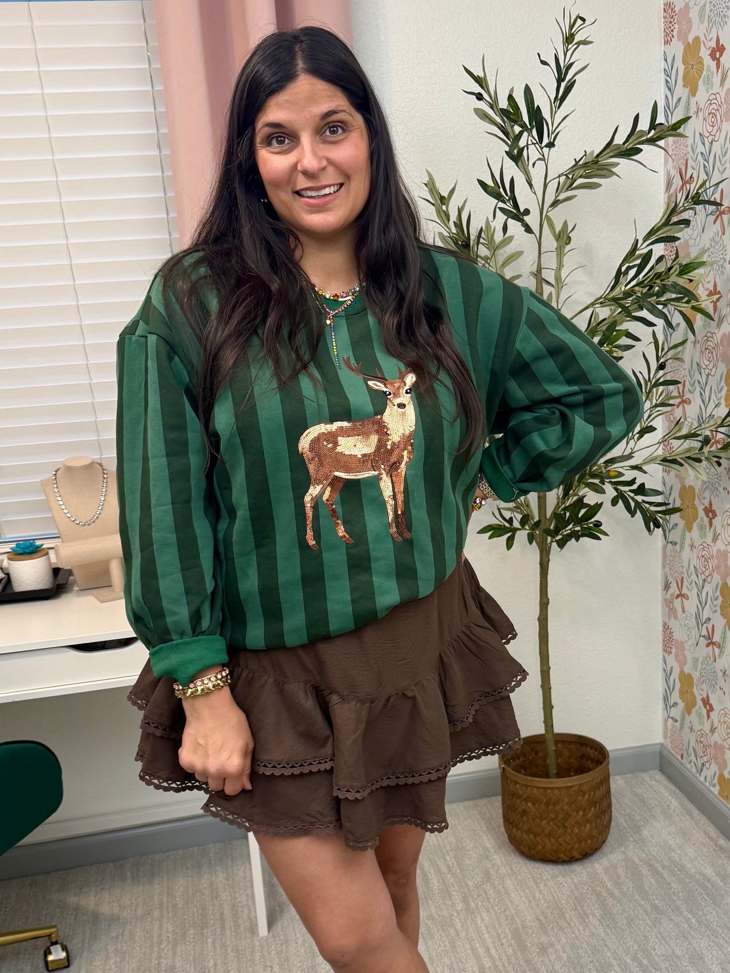 Queen of Sparkles Green Striped Deer Sweatershirt