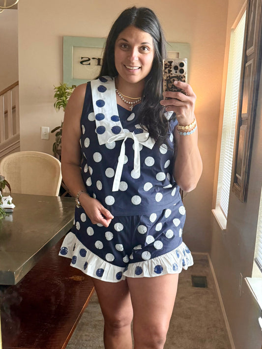 Queen of Sparkles Navy & White Polka Dot Collar Tank