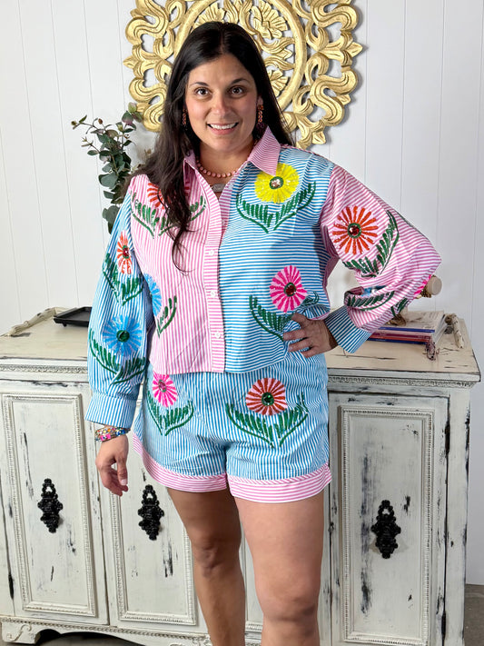 Queen of Sparkles Pink & Blue Striped Cinco Flowers Button Up Collar Top