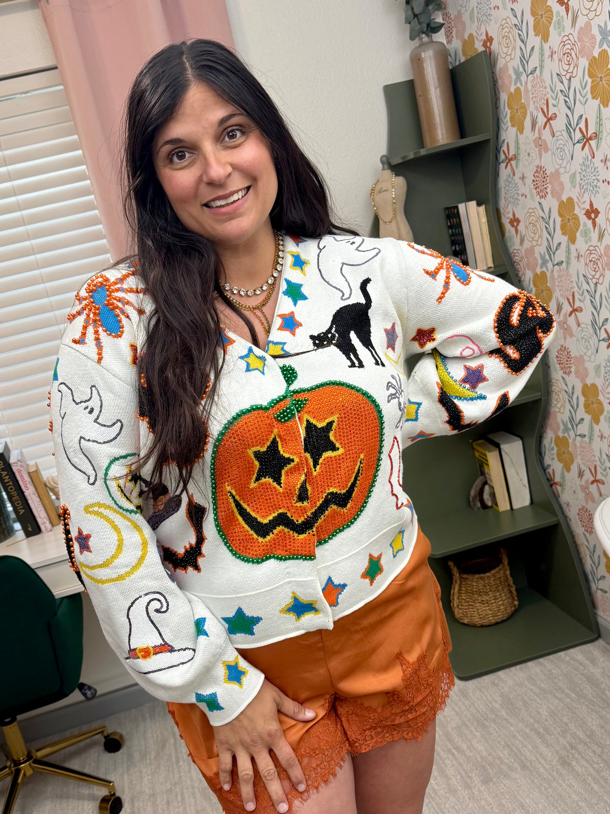 Queen of Sparkles Ivory Halloween Icon Button Up Cardigan