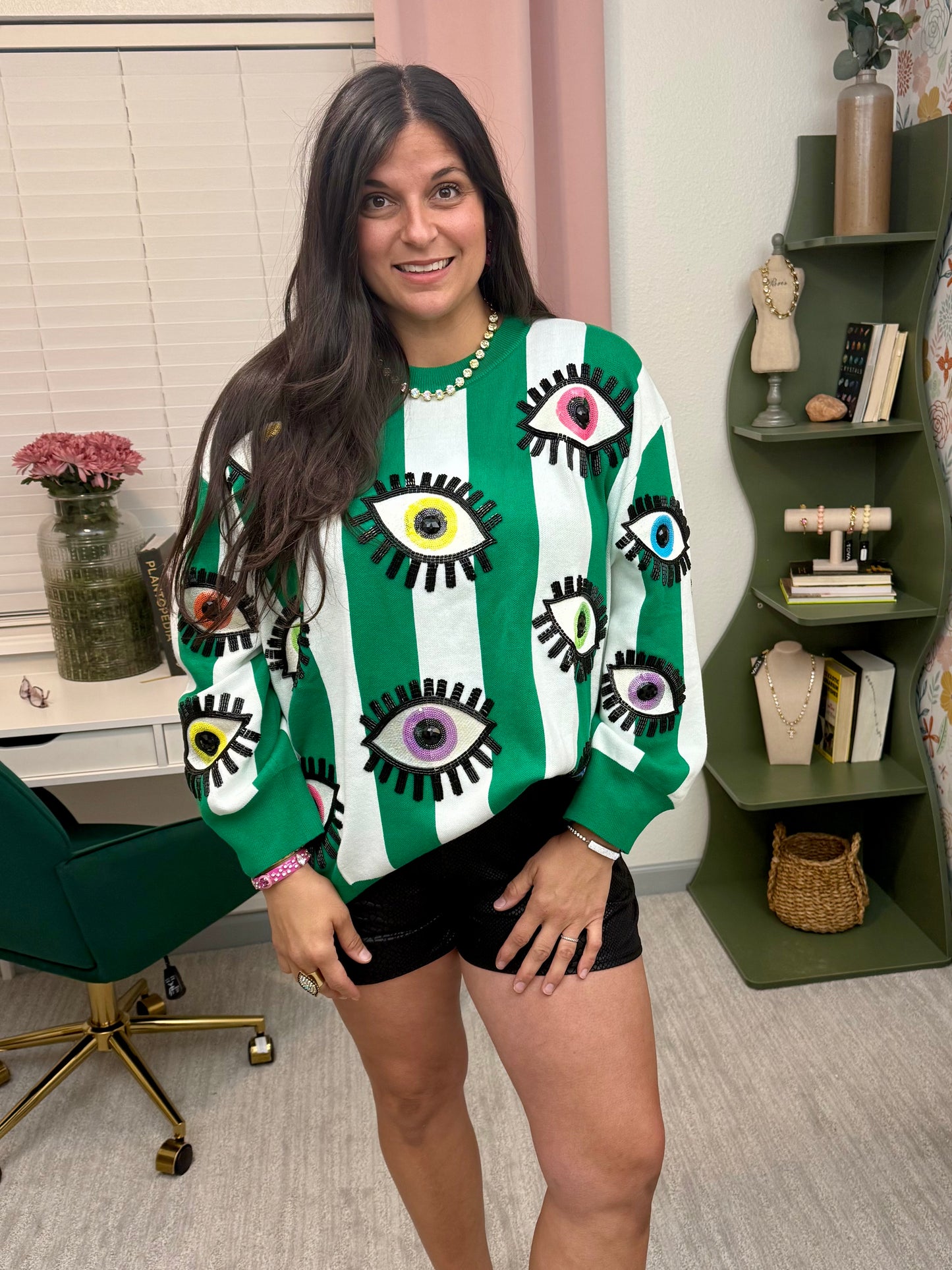 Queen of Sparkles Green & White Striped Multi Eye Sweater