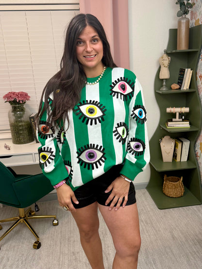 Queen of Sparkles Green & White Striped Multi Eye Sweater