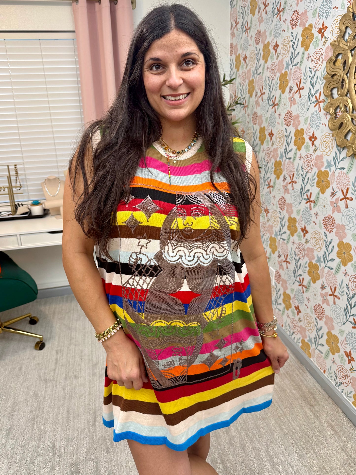Queen of Sparkles Multi Striped QOS Card Logo Knit Tank Dress