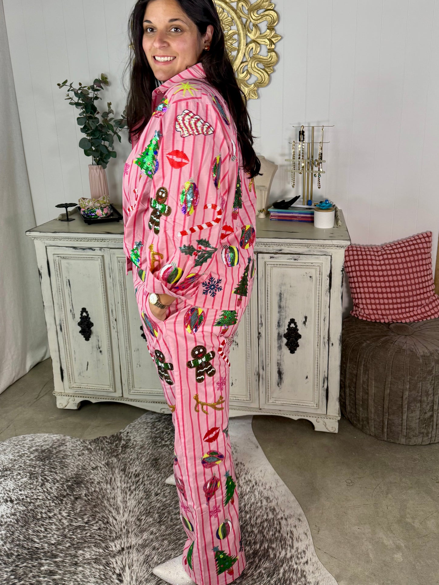 Queen of Sparkles Pink & Red Stripe Christmas Icon Pants