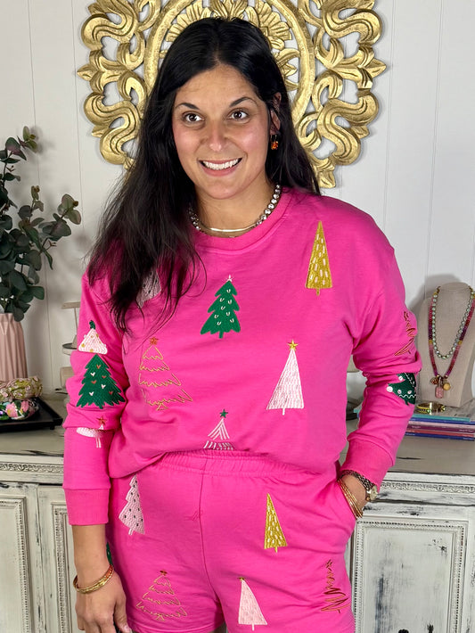 Embroidered Fuchsia Christmas Tree Sweatshirt