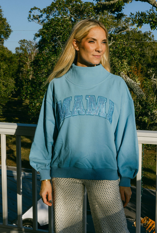 Queen of Sparkles Light Blue 'Mama' Mock Neck Sweatshirt