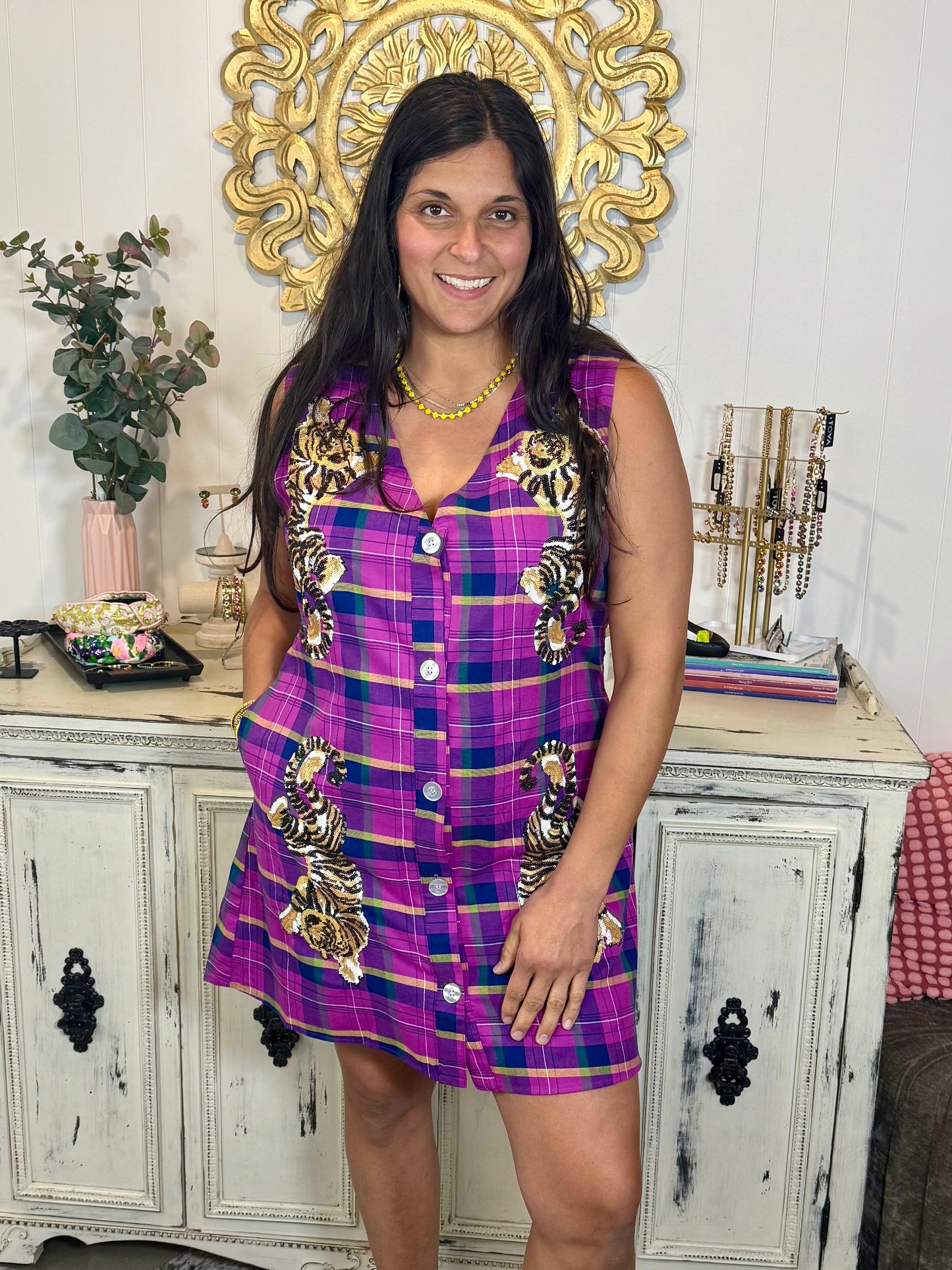 Queen of Sparkles Purple Plaid LSU Dress