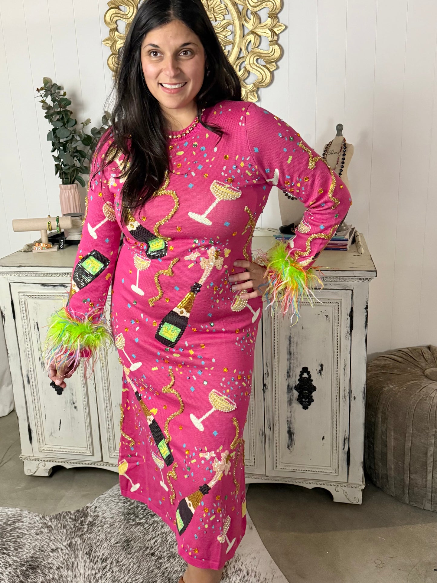 Queen of Sparkles Hot Pink Popping Champagne Midi Dress