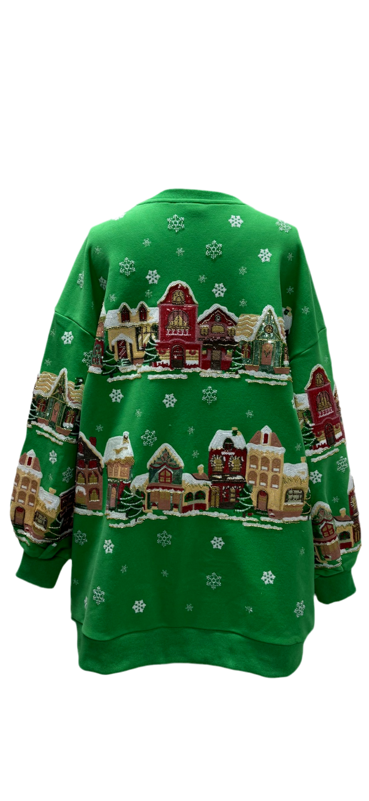 Queen of Sparkles Green Christmas Village Sweatshirt Dress
