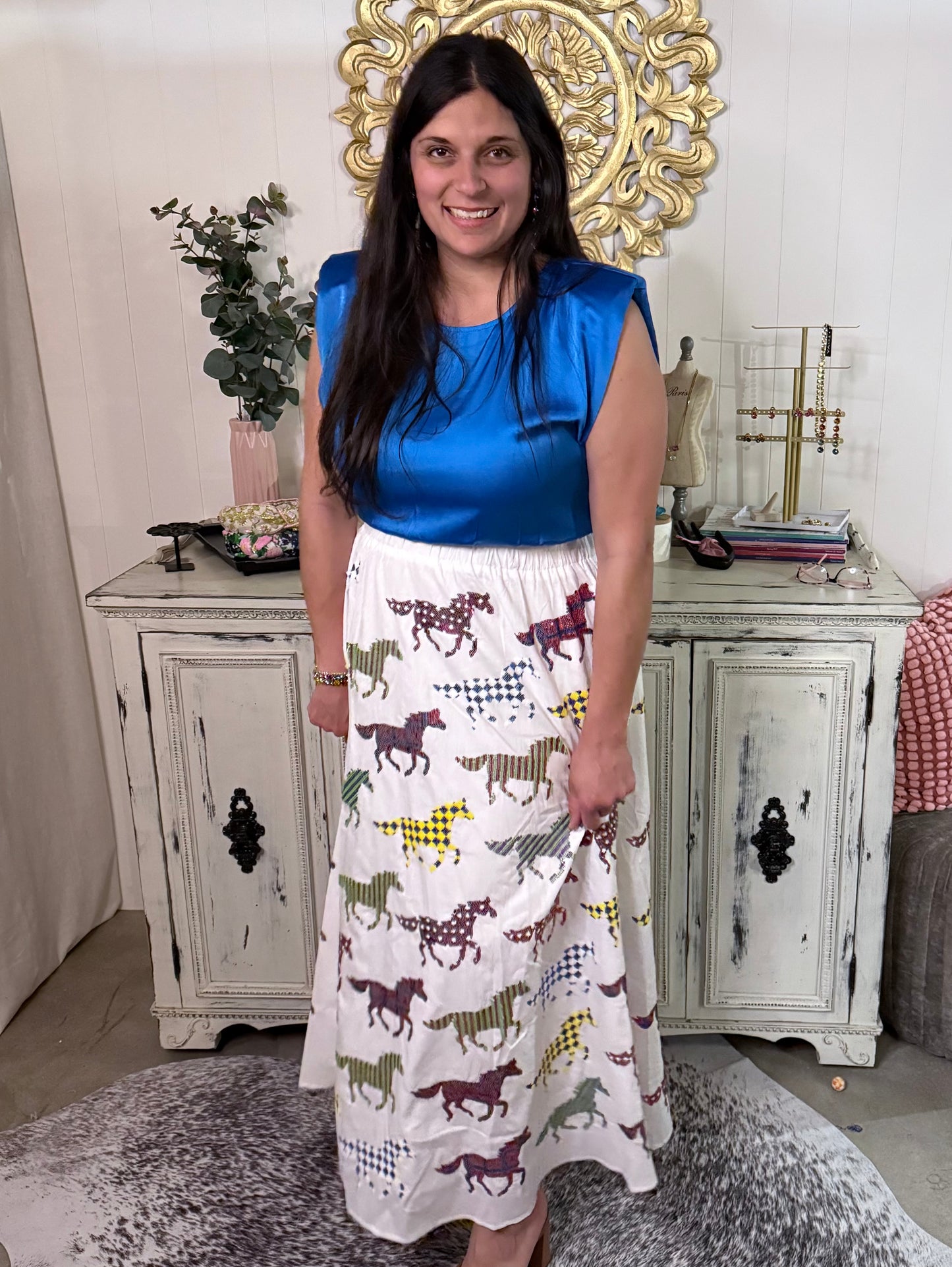 Queen of Sparkles White Multi Horse Maxi Skirt