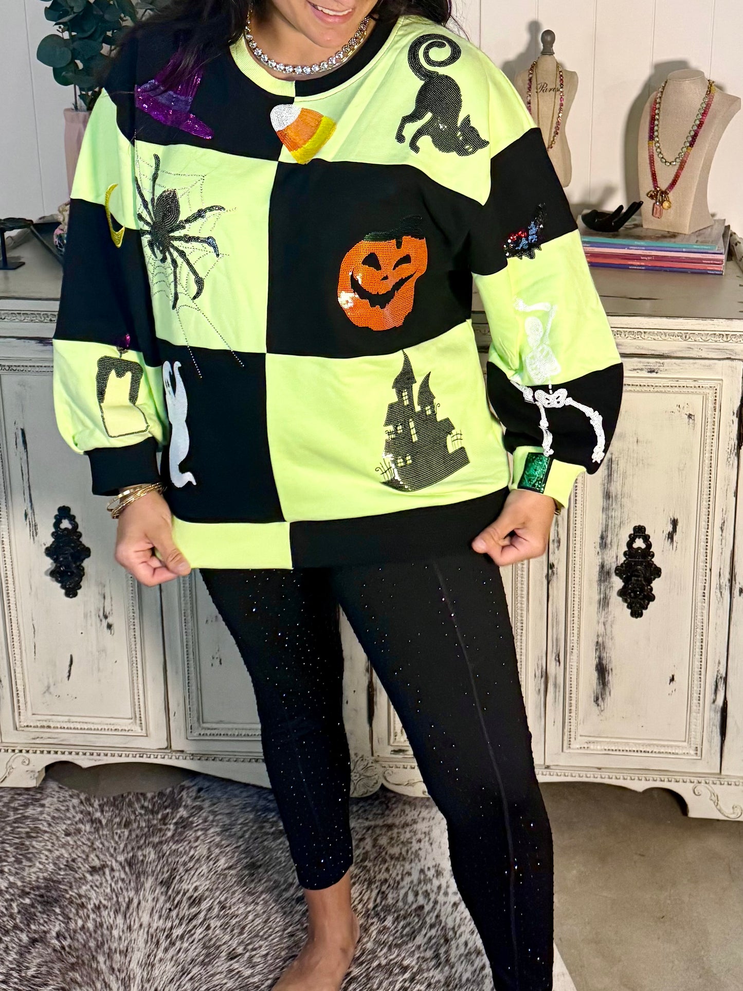 Queen of Sparkles Green and Black Checkered Halloween Sweatshirt