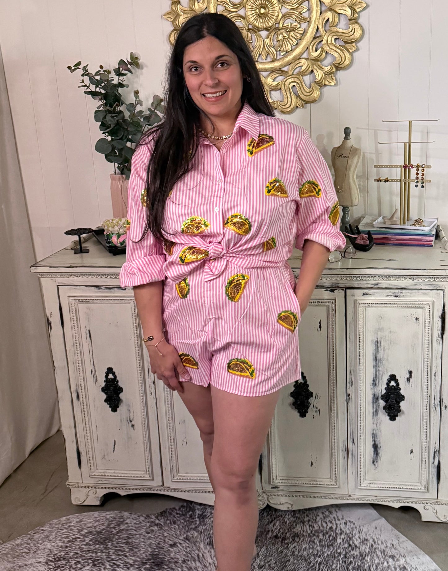Queen of Sparkles Pink & White Sequin Taco Shirt