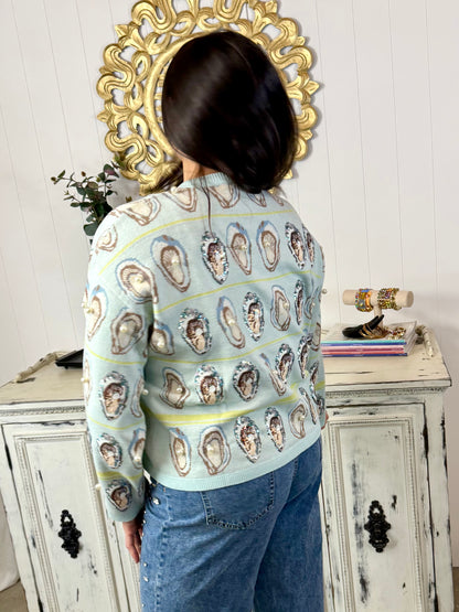 Queen of Sparkles Pale Blue & Green Oyster Sweater