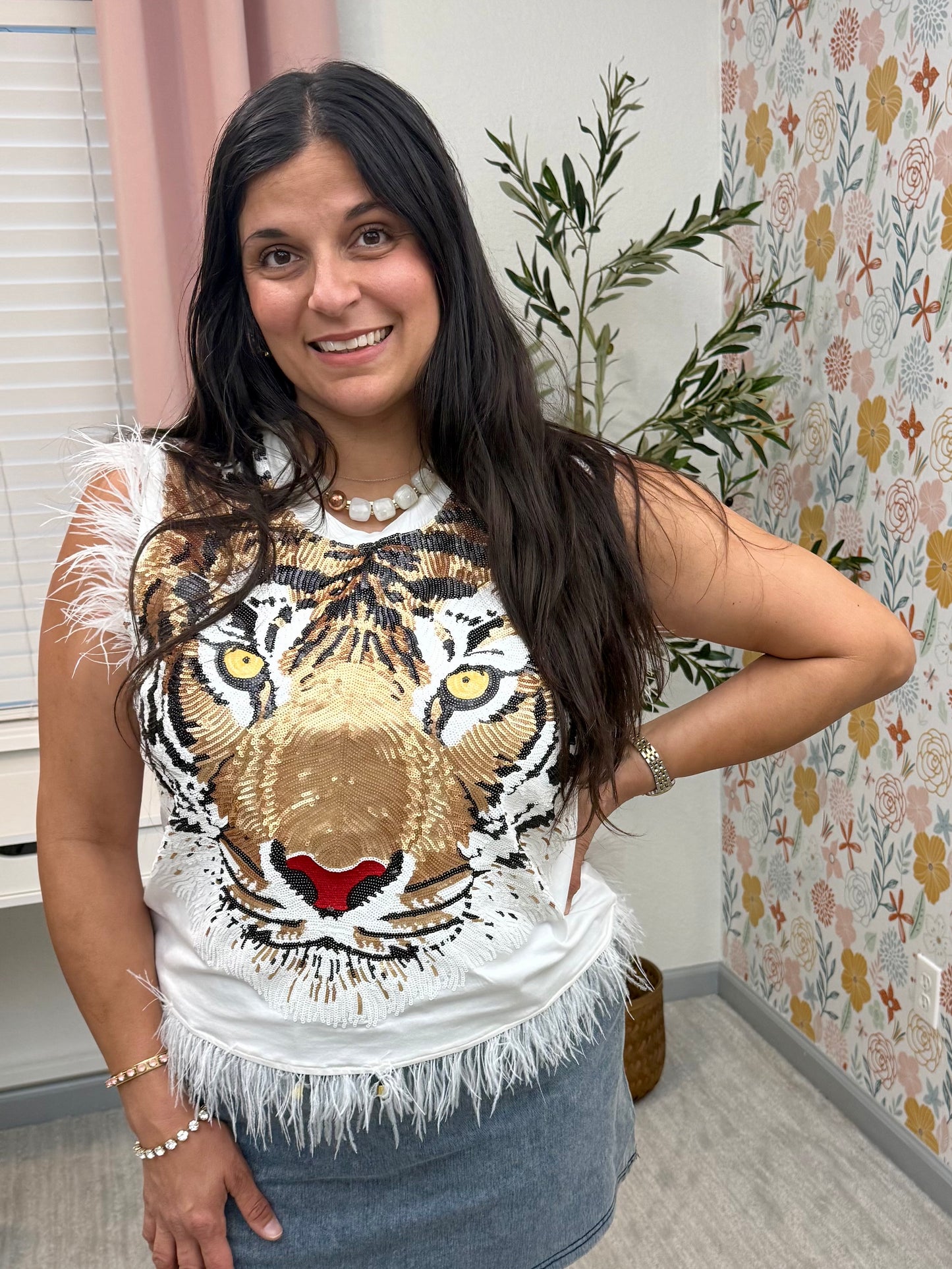 Queen of Sparkles White Oversized Tiger Feather Trim Tank
