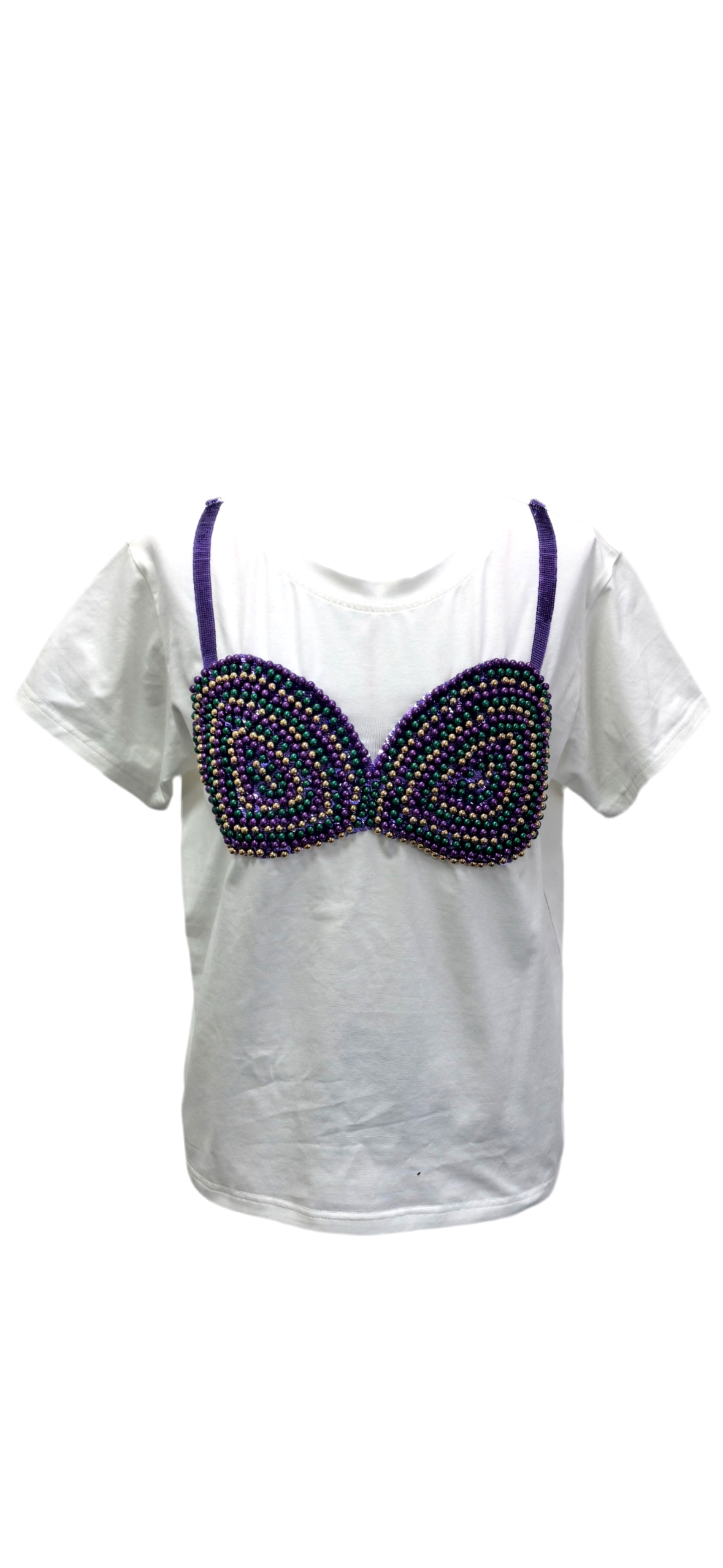 Queen of Sparkles White Mardi Gras Bead Bikini Top Tee