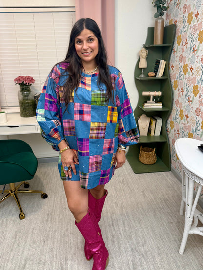 Queen of Sparkles Denim & Multi Plaid Checkered Bubble Sleeve Dress