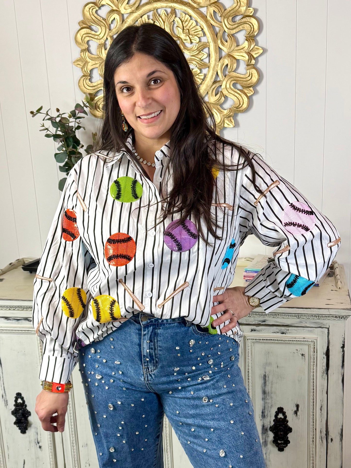 Queen of Sparkles Black & White Multi Baseballs & Bats Button Up Cotton Long Sleeve Top