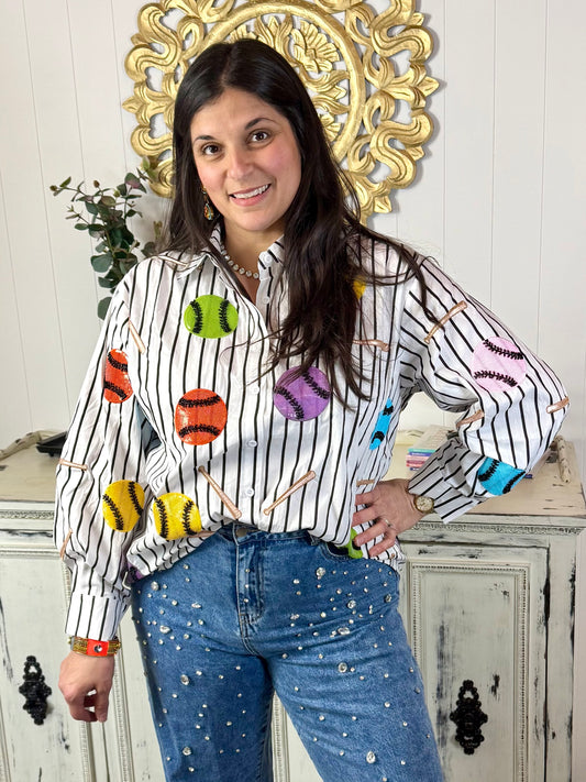 Queen of Sparkles Black & White Multi Baseballs & Bats Button Up Cotton Long Sleeve Top