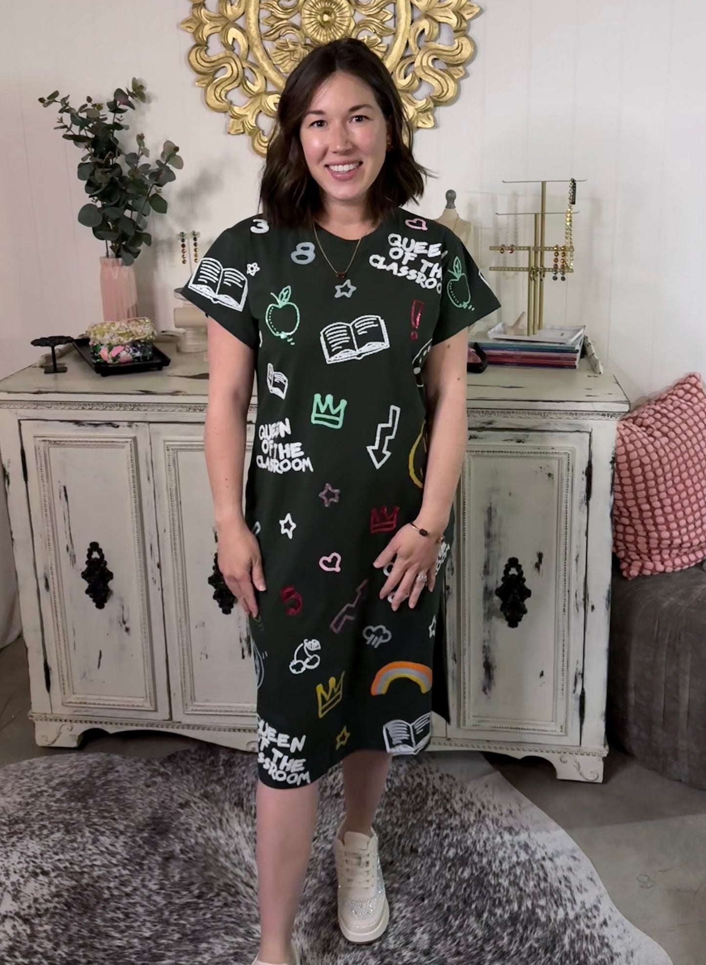 Queen of Sparkles Dark Green Queen of the Classroom Midi Tee Dress