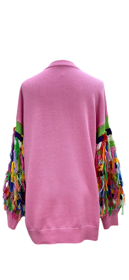 Queen of Sparkles Pink Multi Jeweled Ornament Fringe Sweater Dress