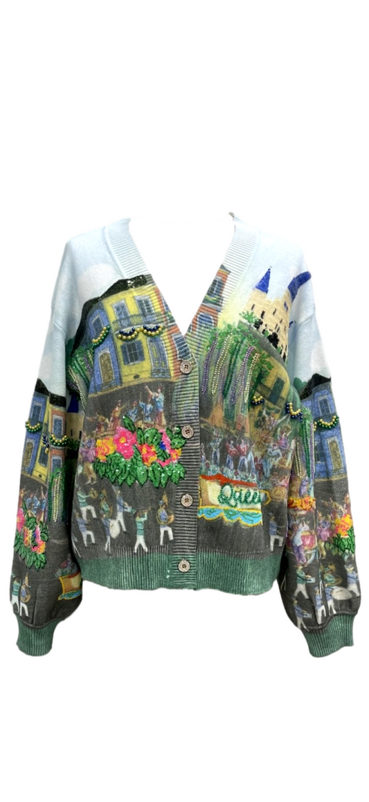 Queen of Sparkles Mardi Gras Parade Scene Cardigan