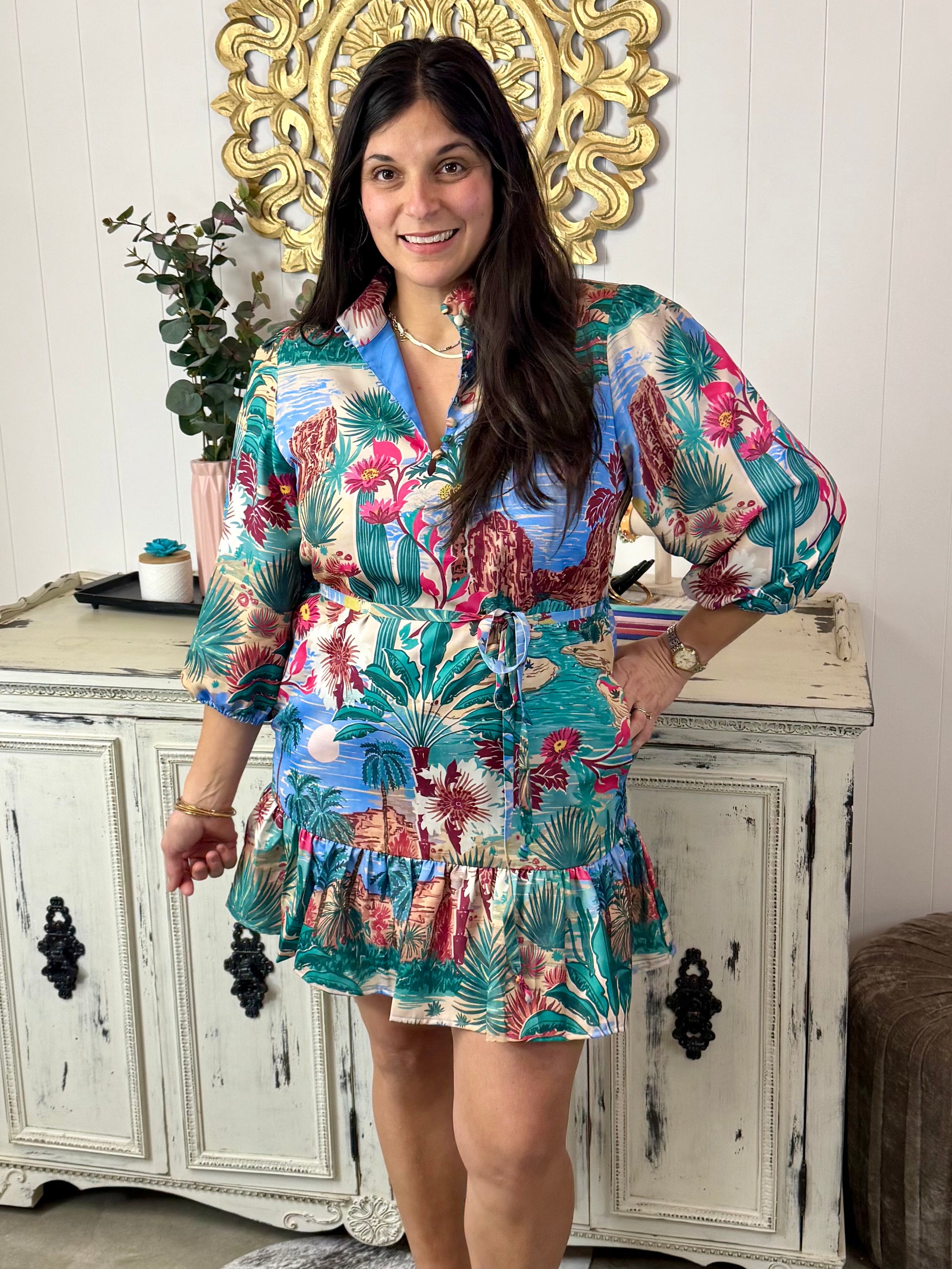 palm springs dress Smocked in Rainbow Daydream L Midi below the knee length The Palm Springs Floral Dress