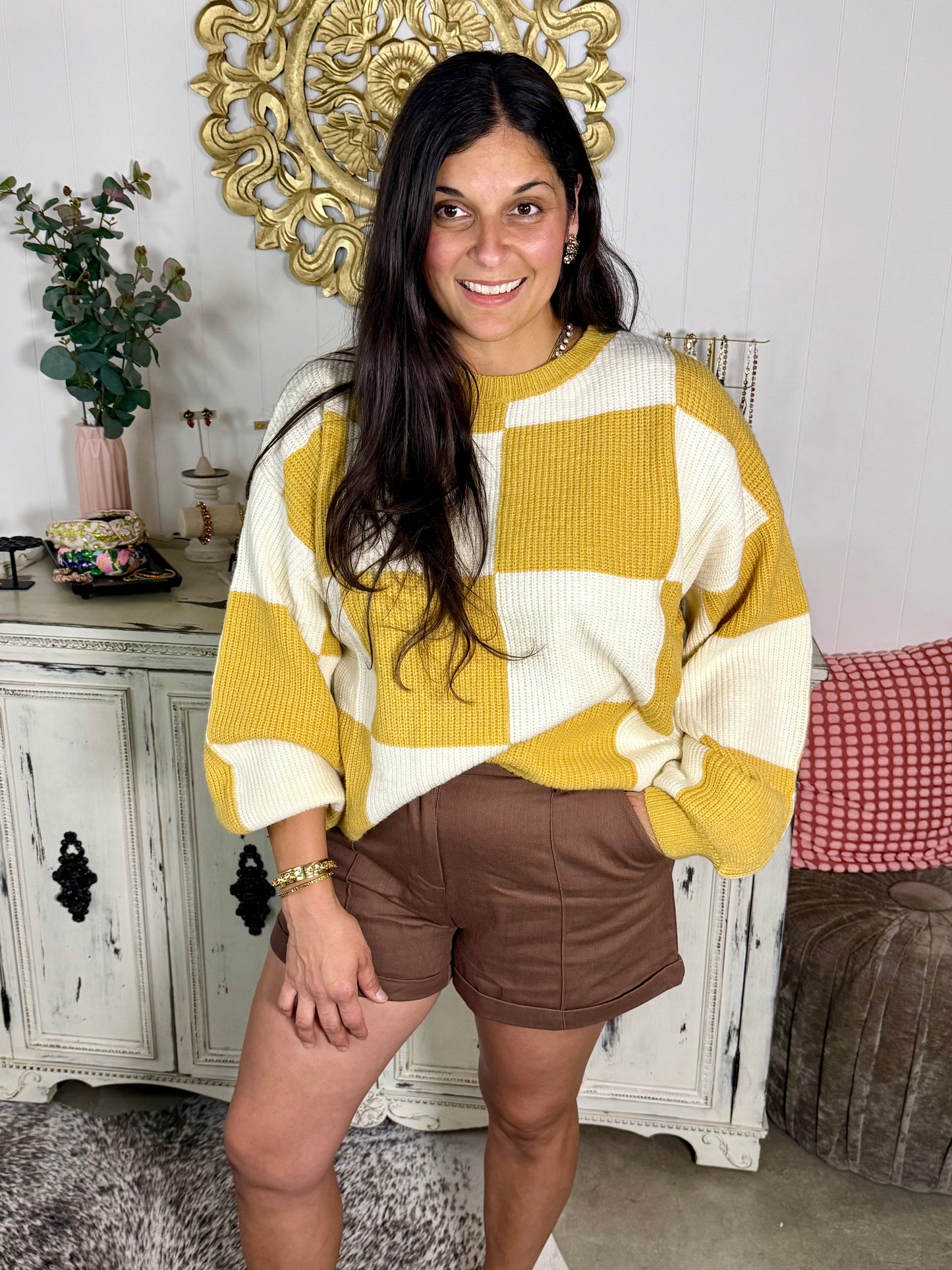 Mustard Checkered Chunky Sweater