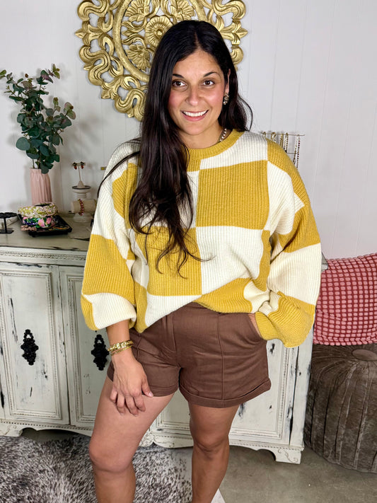 Mustard Checkered Chunky Sweater