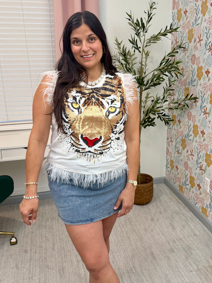 Queen of Sparkles White Oversized Tiger Feather Trim Tank