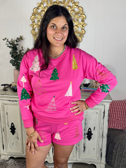 Embroidered Fuchsia Christmas Tree Shorts