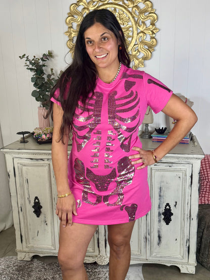 Queen of Sparkles Hot Pink Multi Skeleton Dress