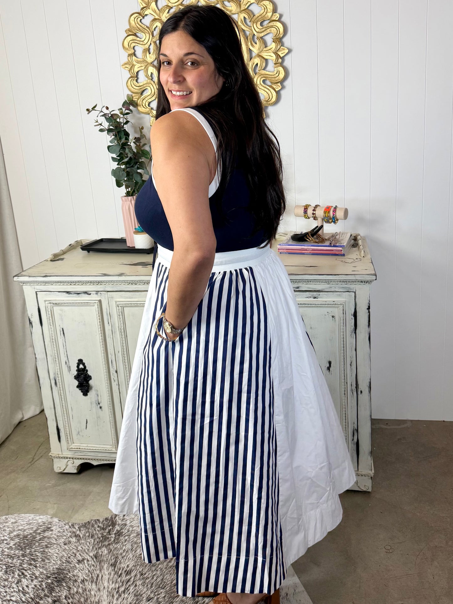 Blue Sleeveless Striped Midi Dress