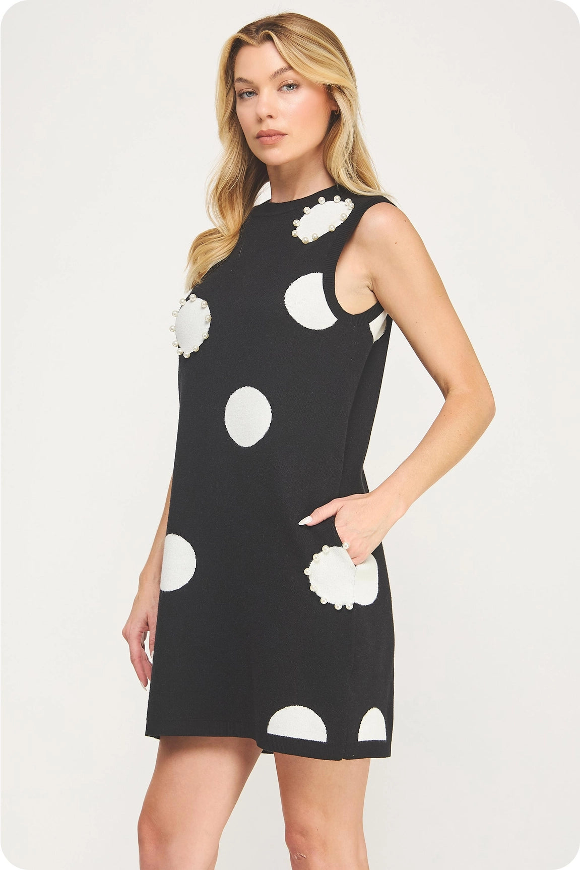 Pearl Trim Polka Dot Knit Dress