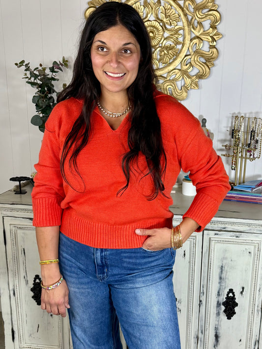 Copper Colored V Neck Collared Sweater