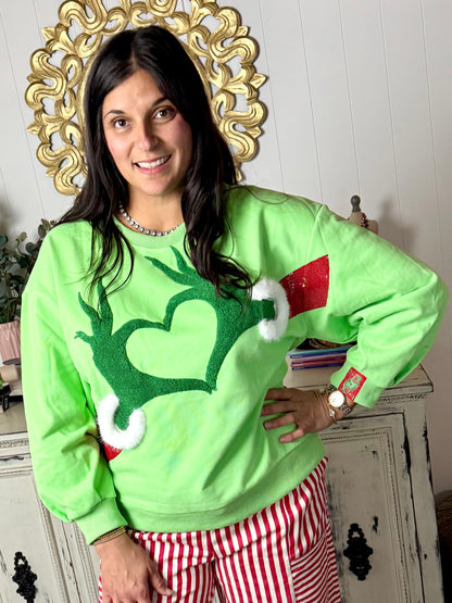 Queen of Sparkles Green Grinch Heart Sweatshirt