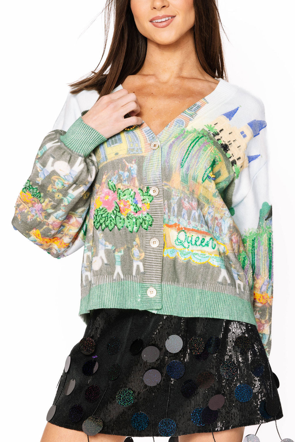 Queen of Sparkles Mardi Gras Parade Scene Cardigan