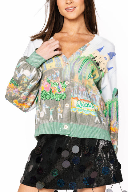 Queen of Sparkles Mardi Gras Parade Scene Cardigan