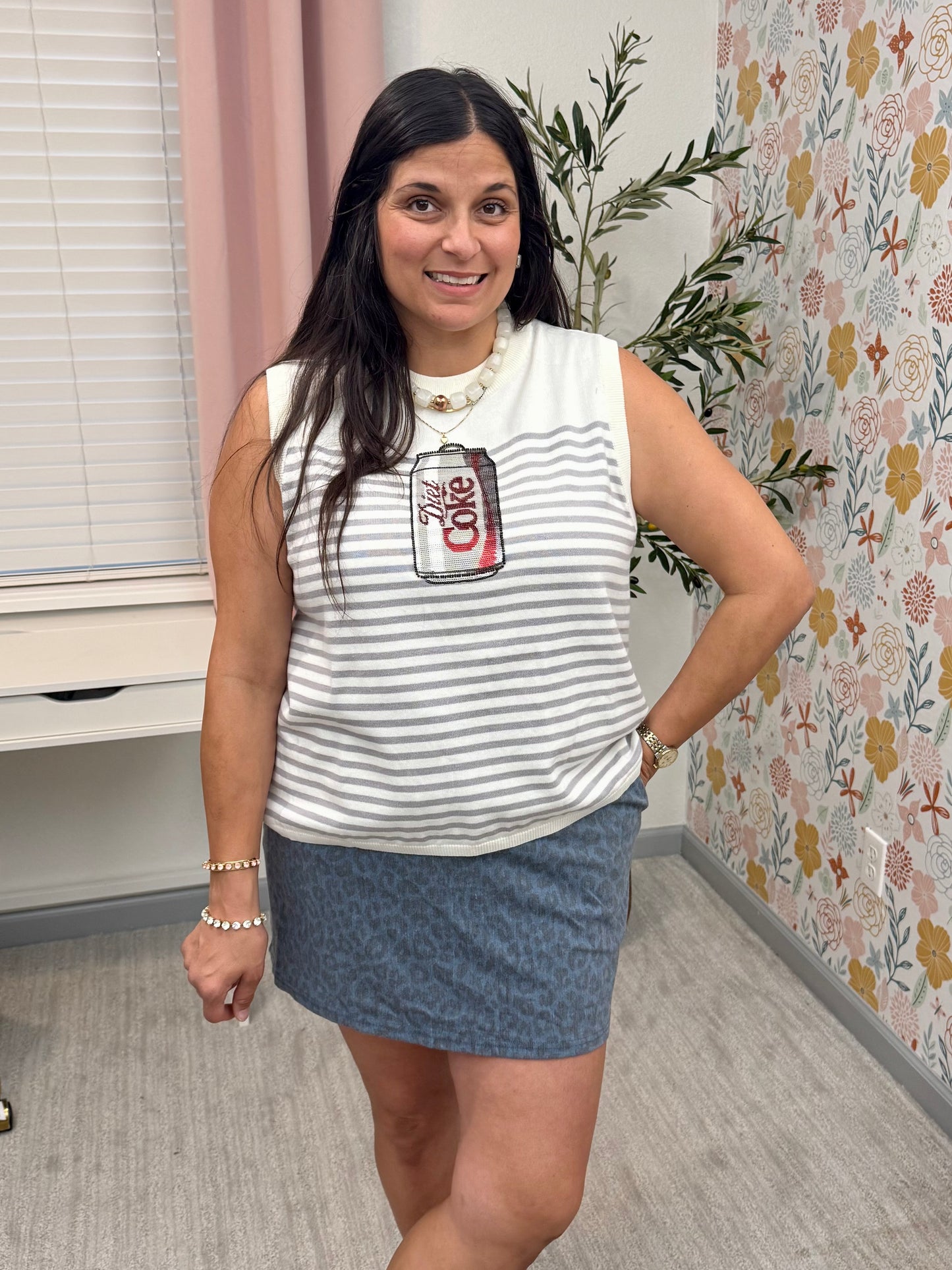 Queen of Sparkles Licensed White & Grey Striped Diet Coke Can Knit Tank
