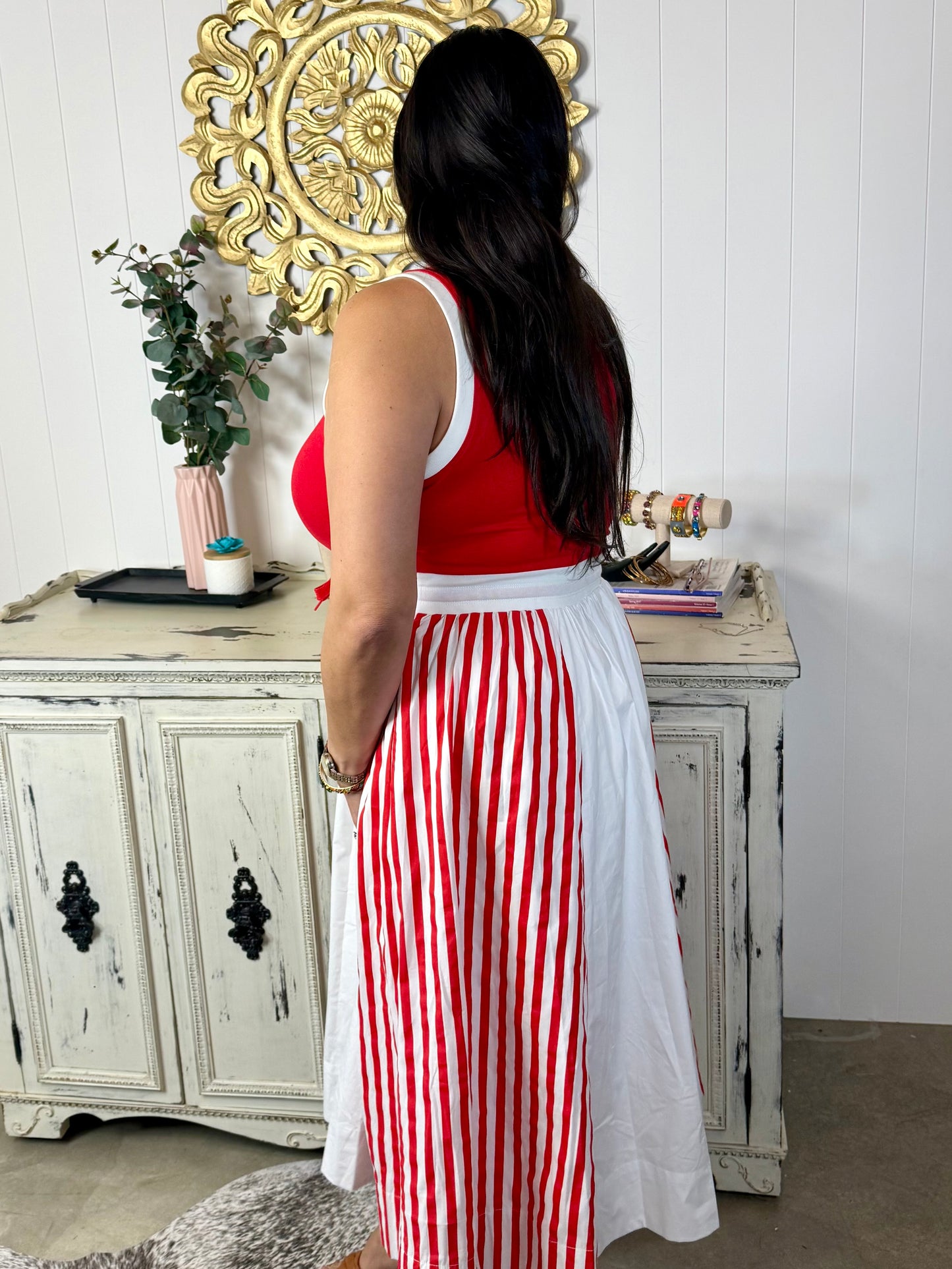 Red Sleeveless Striped Midi Dress
