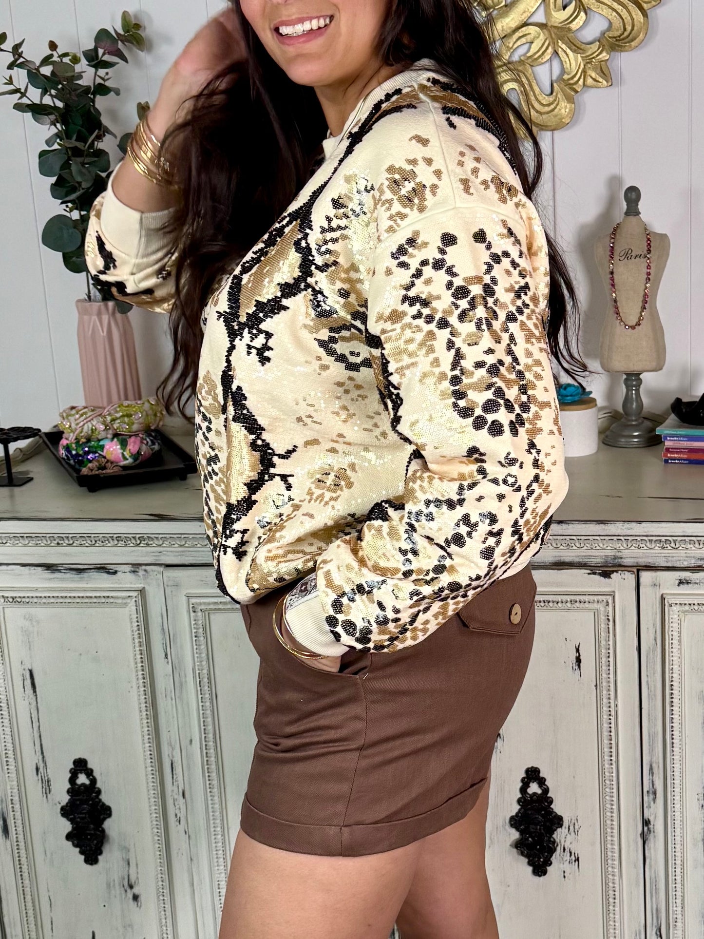 Queen of Sparkles Full Sequins Neutral and Black Python Sweatshirt
