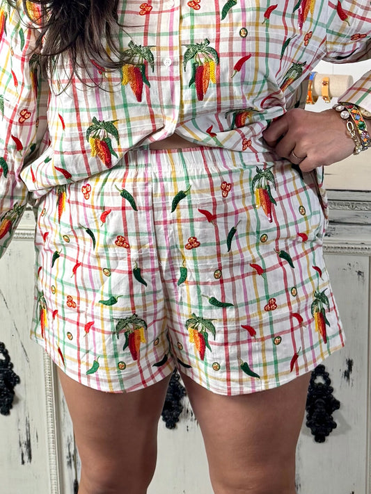 Queen of Sparkles Rainbow Plaid Chili Pepper Cotton Short