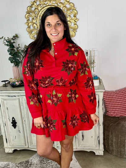 Queen of Sparkles Red Poinsettia Sweatshirt Dress