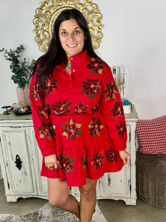 Queen of Sparkles Red Poinsettia Sweatshirt Dress