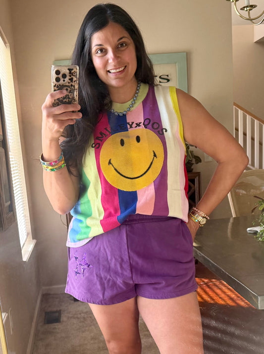 Queen of Sparkles Licensed Rainbow Striped Qos Smiley Sweater Tank