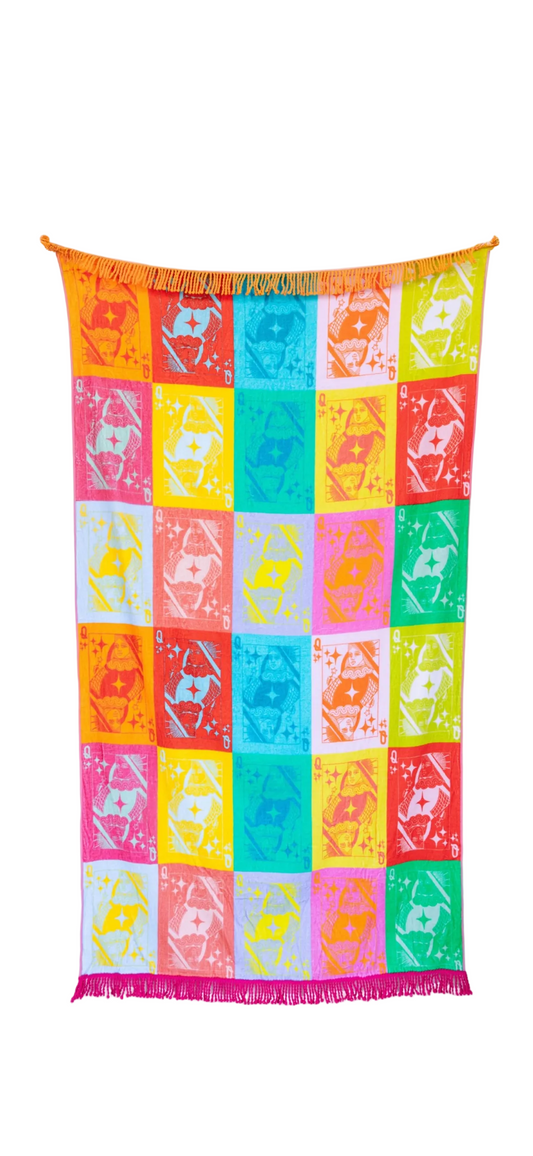 Queen of Sparkles Multi Colorblock Qos Card Logo Fringe Oversized Beach Towel