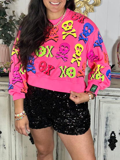 Queen of Sparkles Neon Pink Skull and Crossbone Sweatshirt