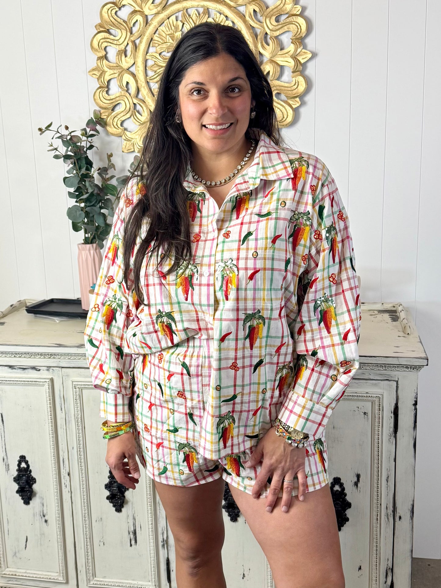Queen of Sparkles Rainbow Plaid Chili Pepper Button Up Cotton Top